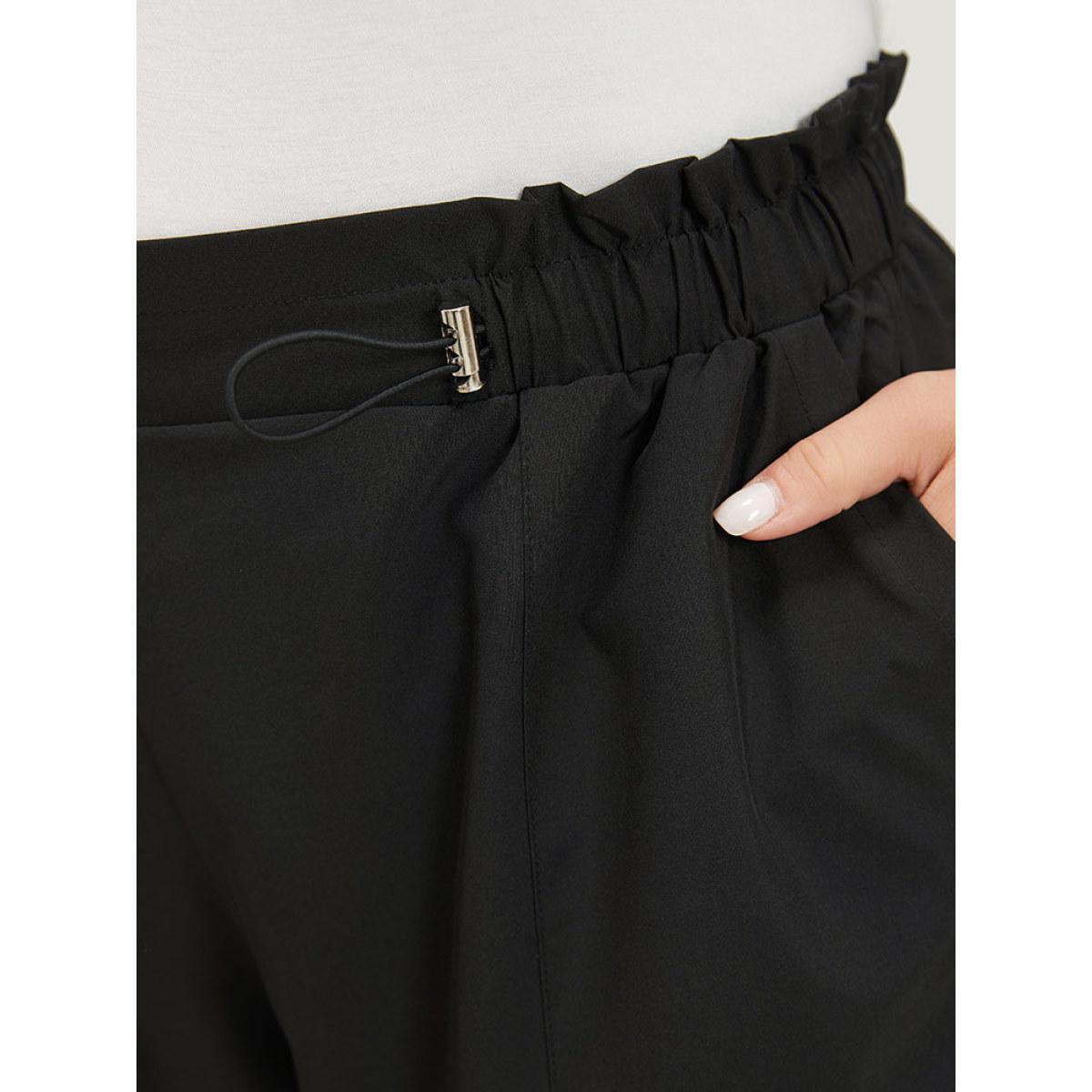 Plus Size Plain Button Detail Drawstring Slant Pocket Shorts Women Black Casual Drawstring Dailywear Shorts BloomChic 10/M Product Image