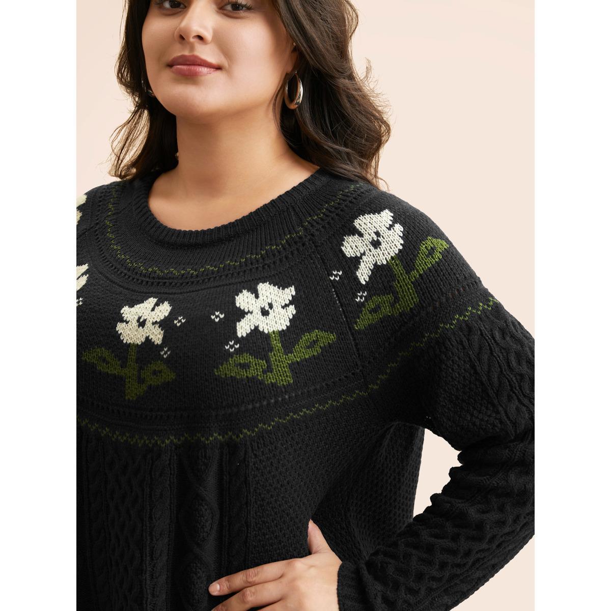 Plus Size Floral Jacquard Raglan Sleeve Pullover Black Women Leisure Long Sleeve Round Neck Casual Pullovers BloomChic 28/5X Product Image