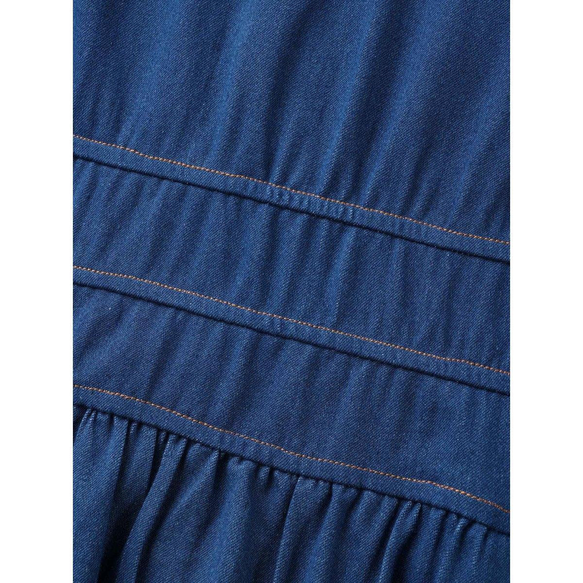 Plus Size Stretch Denim Pockets Tiered Midi Dress DarkBlue Women Resort Topstitching V-neck Short sleeve Curvy BloomChic 26/4X Product Image