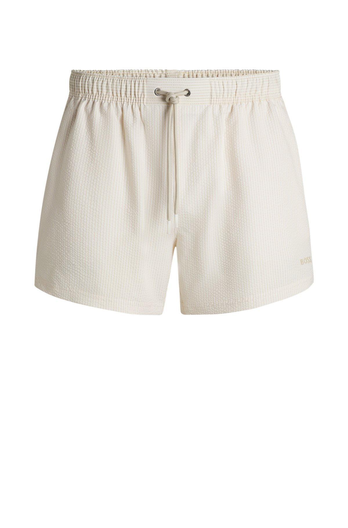 BOSS - Swim shorts in striped seersucker fabric - White Product Image