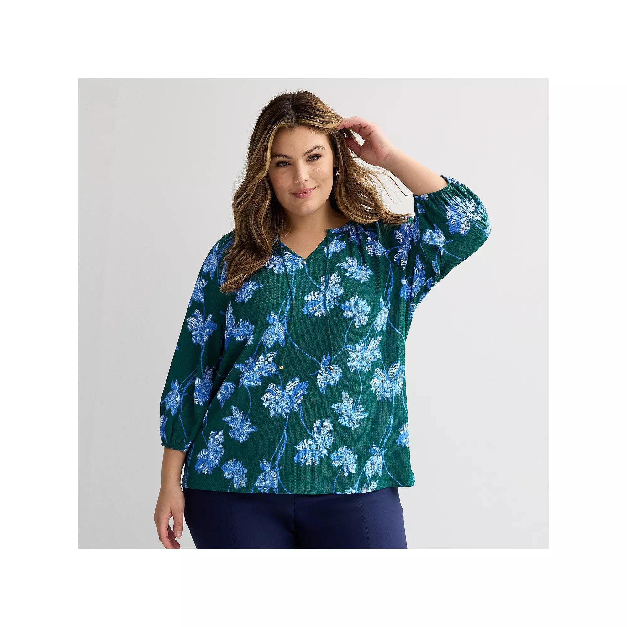 Plus Size Croft & Barrow® 3/4-Sleeve Peasant Top, Women's, Size: 2XL, Green Floral Product Image