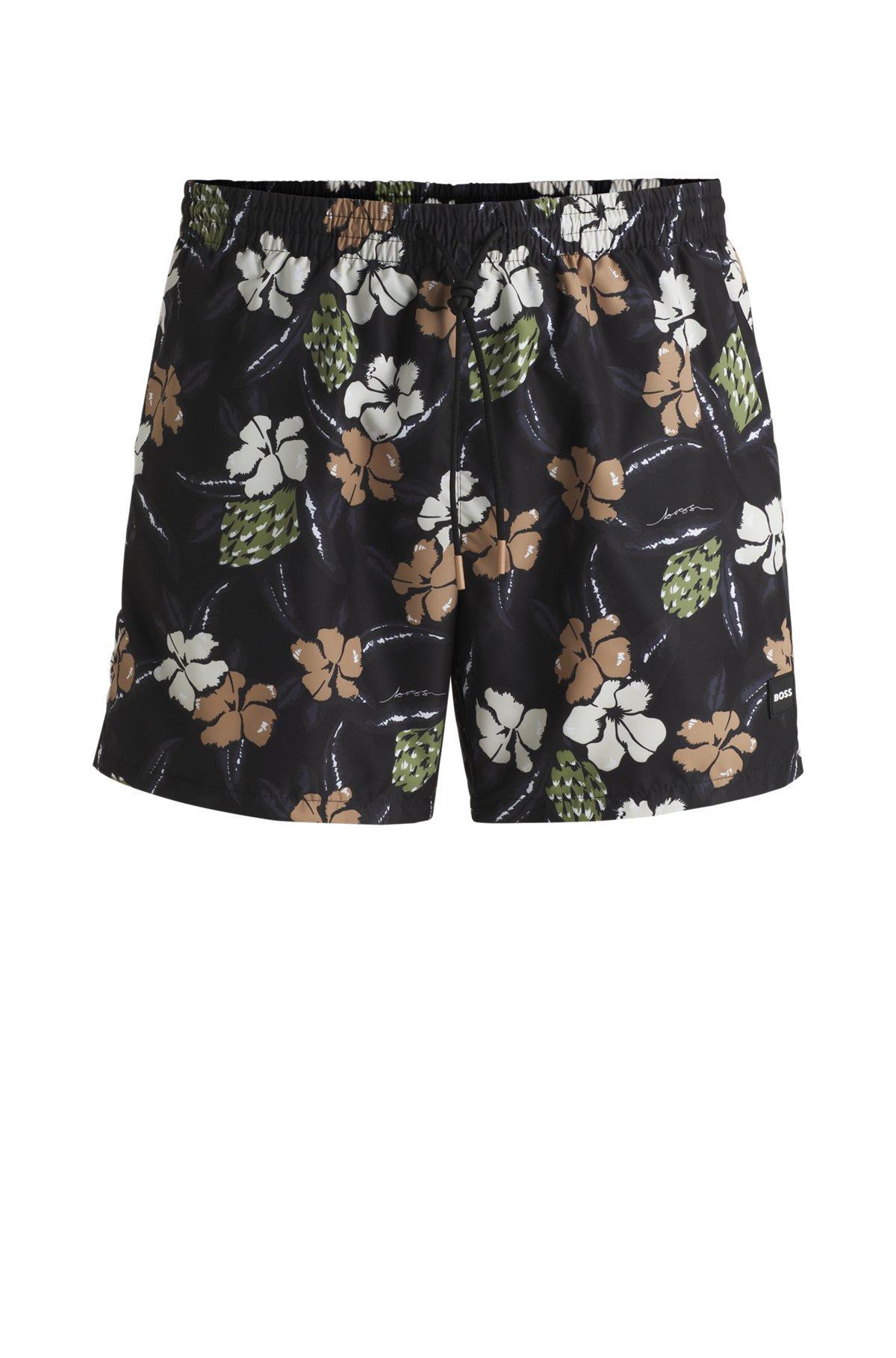 BOSS - Fully lined swim shorts with seasonal print - Black Product Image