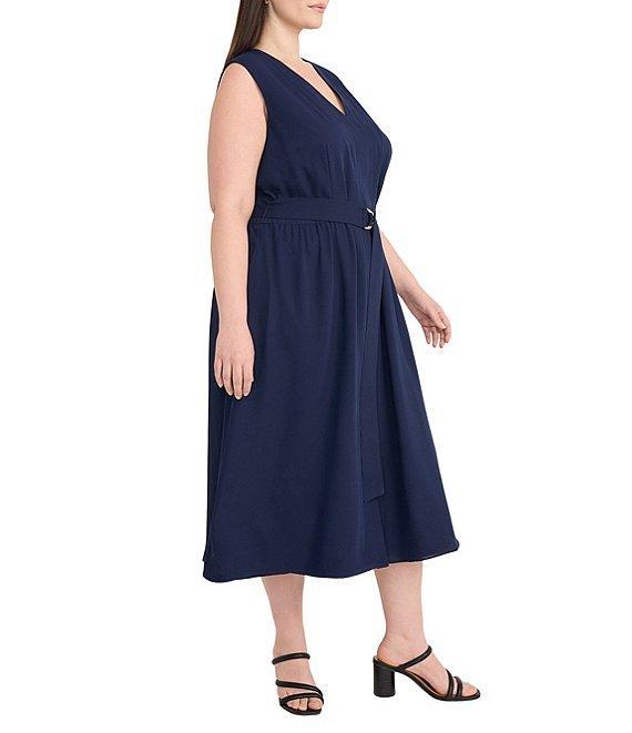 Maggy London Plus Size V Neck Sleeveless Belted A Line Drapey Twill Midi Dress Product Image