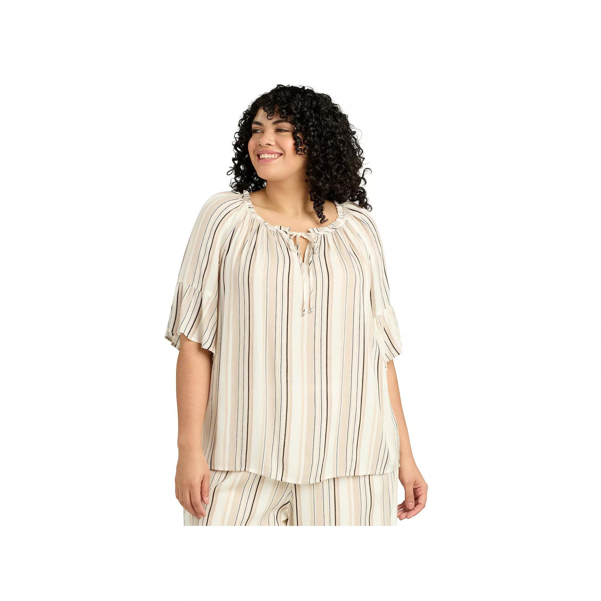 Plus Size AB Studio Ruffle Sleeve Peasant Tie-Neck Top, Womens Product Image