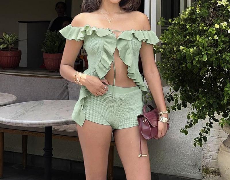 Set: Sleeveless Off Shoulder Plain Ruffle Panel Tie Front Top + High Waist Shorts Product Image