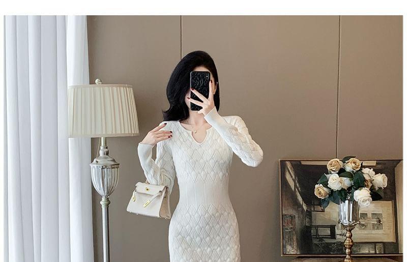 Long-Sleeve Notch Neck Plain Knit Mermaid Dress Product Image