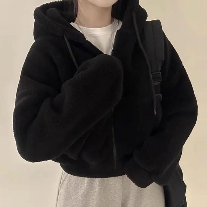 Plain Zip Faux Shearling Cropped Hoodie Product Image