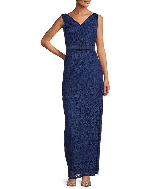 Kay Unger Geometric Lace Surplice V-Neckline Sleeveless Belted Gown Product Image