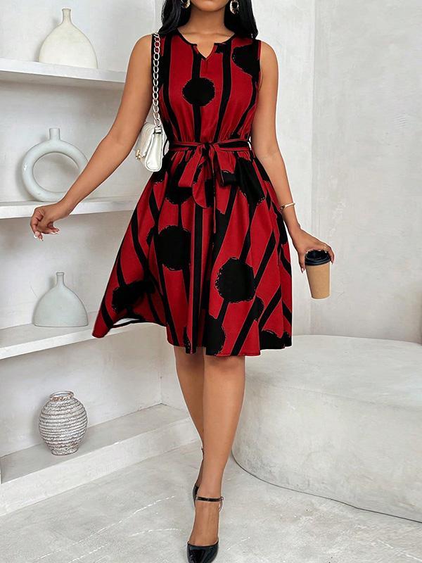 A-Line Loose Contrast Color Tied Waist Round-Neck Mini Dresses Product Image
