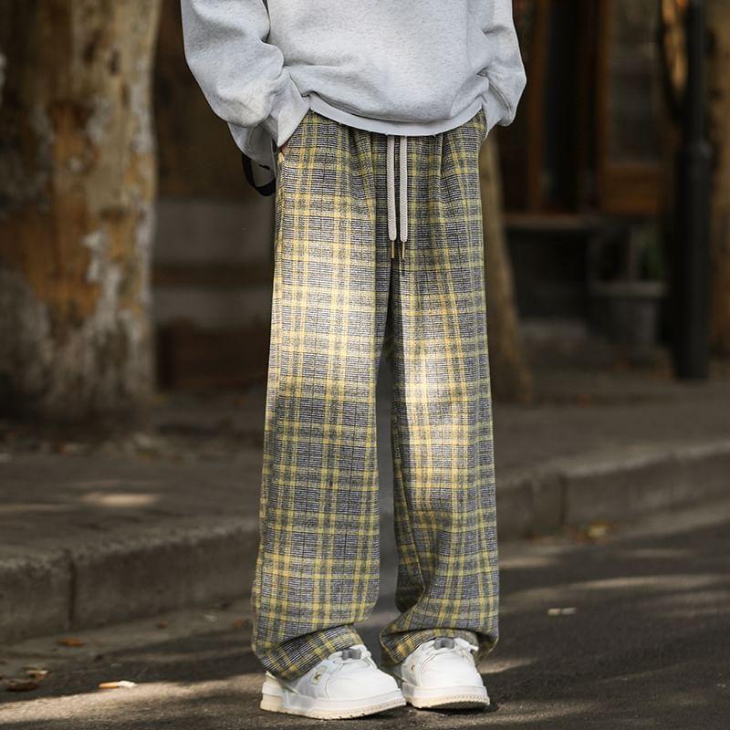 Drawstring Waist Plaid Wide Leg Pants Product Image