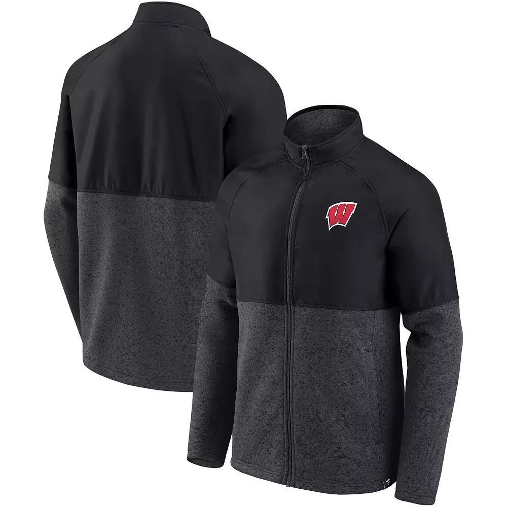 Men's Fanatics Branded Black/Heathered Charcoal Wisconsin Badgers Durable Raglan Full-Zip Jacket,  Product Image