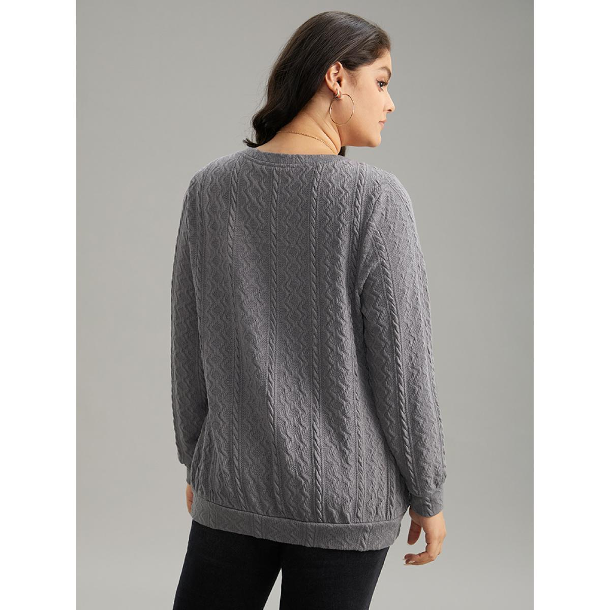 Plus Size Plain Geometric Textured Plicated Detail Sweatshirt Women Gray Casual Texture V-neck Dailywear Sweatshirts BloomChic 12/L Product Image