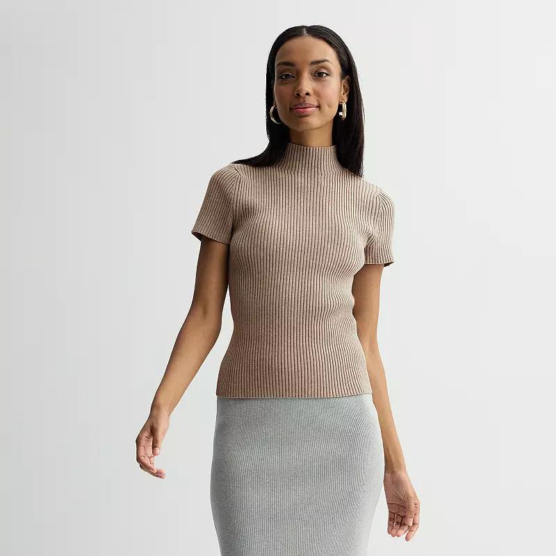 Petite Nine West Ribbed Mockneck Short Sleeve Top, Women's, Size: XL Petite, Medium Beige Product Image