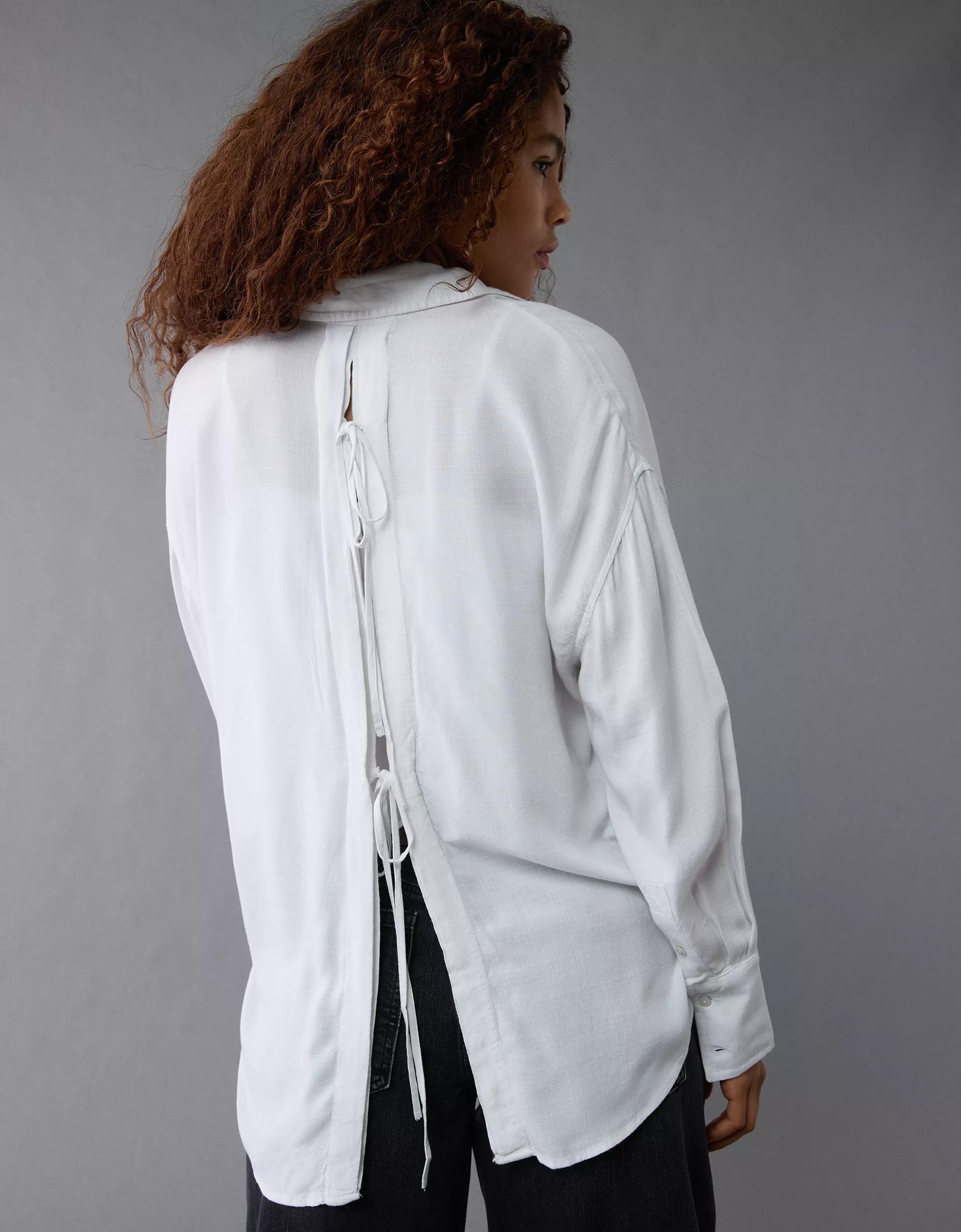 AE Long-Sleeve Tie Back Button-Up Shirt Product Image