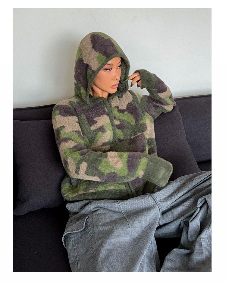 Camo Print Hooded Zip Cardigan Product Image