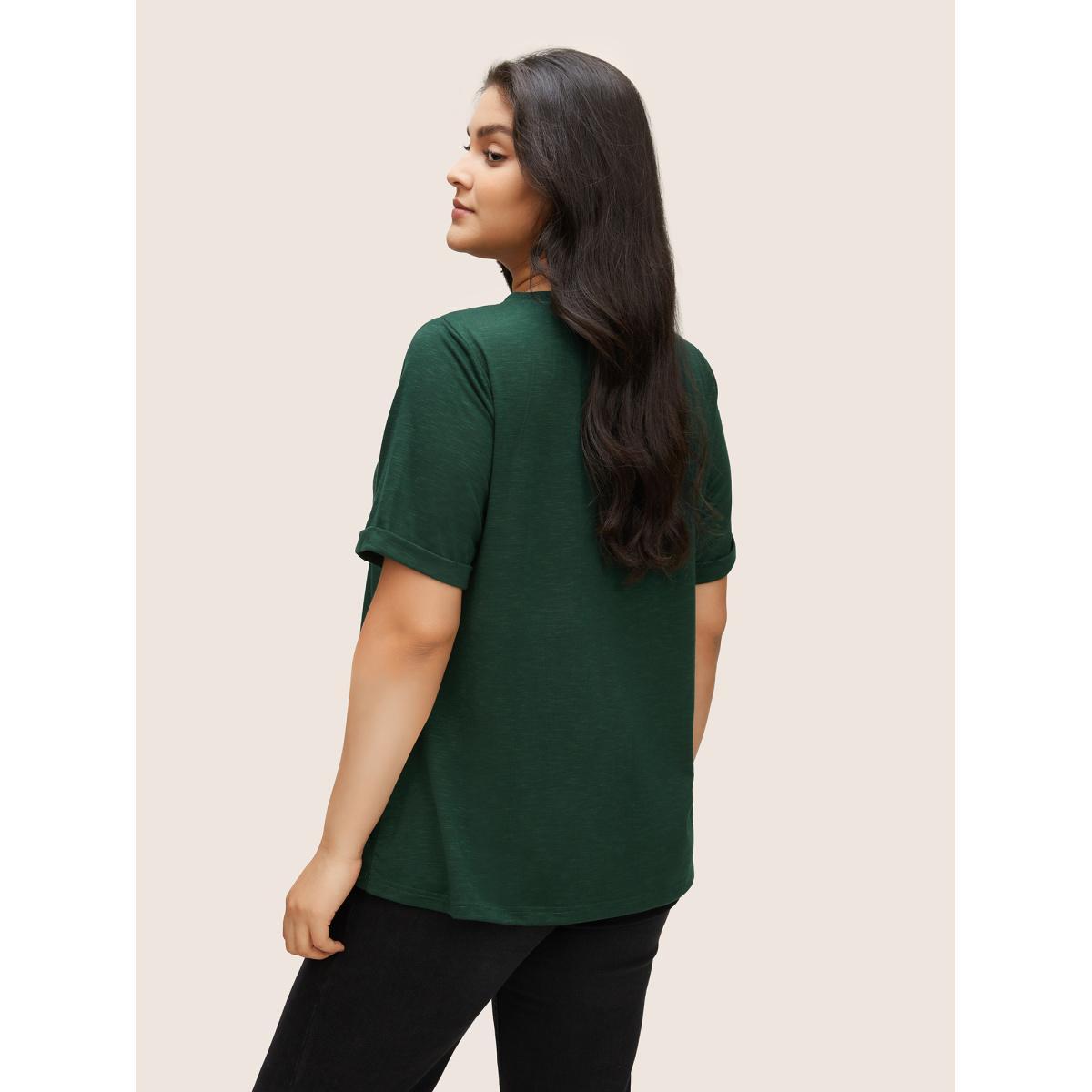 Plus Size Floral Embroidered Roll Sleeve T-shirt DarkGreen Women Elegant Roll Hem Plants Round Neck Everyday T-shirts BloomChic 30/6X Product Image