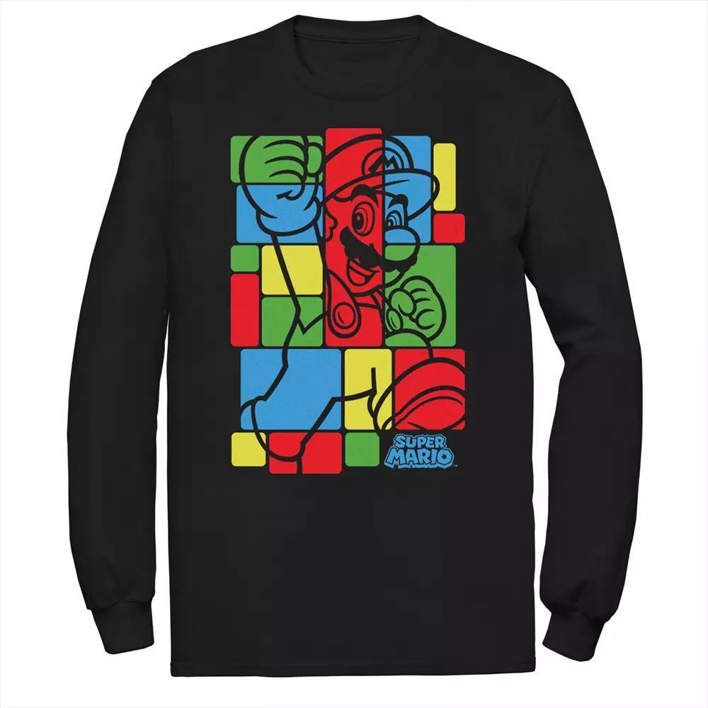 Men's Super Mario Bros Colored Squares Design Long Sleeve Tee, Size: Large Tall, Black Product Image