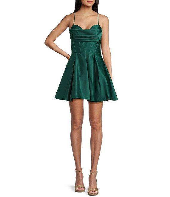 Blondie Nites Spaghetti Strap Sweetheart Drape Corset Satin Dress Product Image