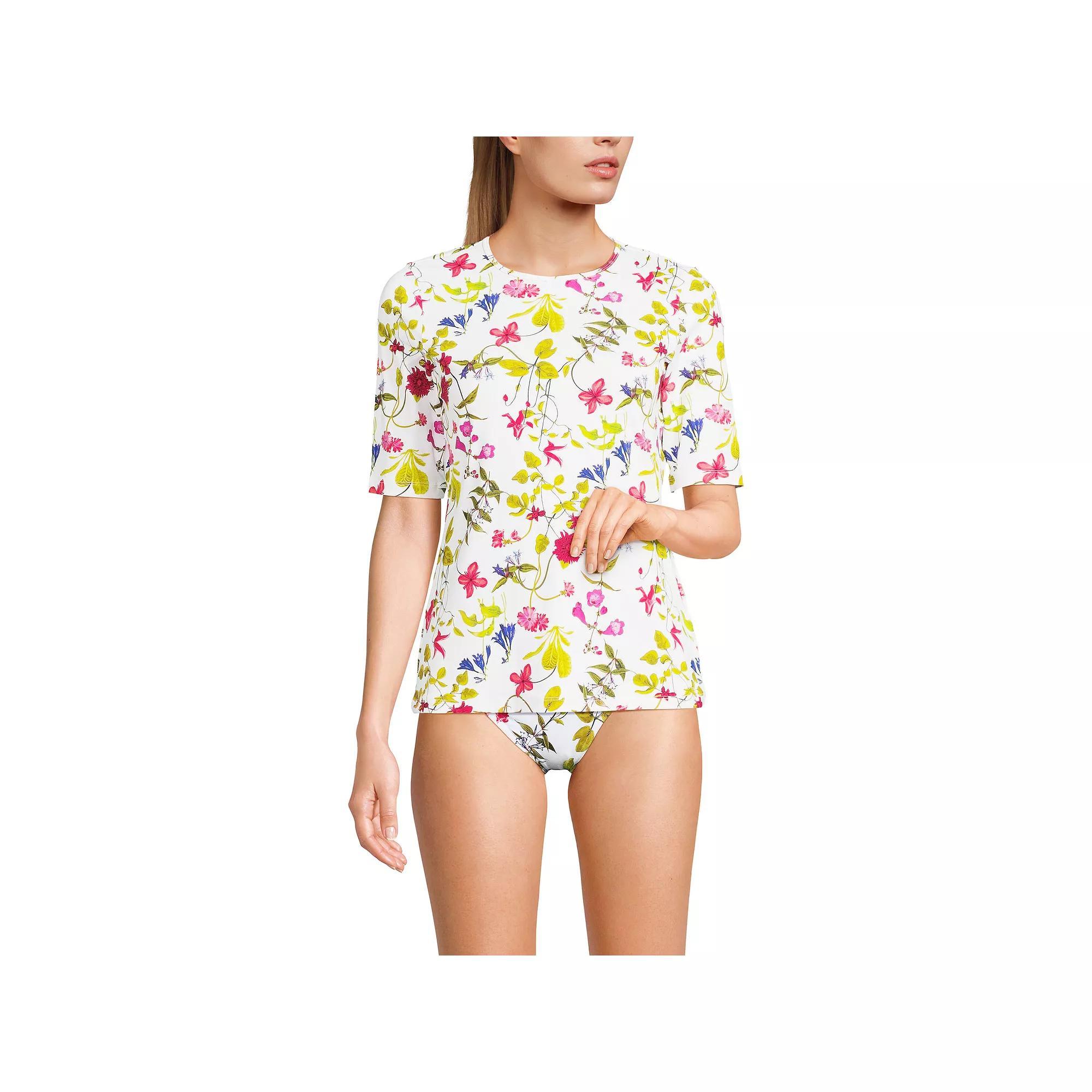 Women's Lands' End UPF 50 Elbow-Sleeve Rash Guard Swim Tee, Size: Medium, White Garden Floral Product Image