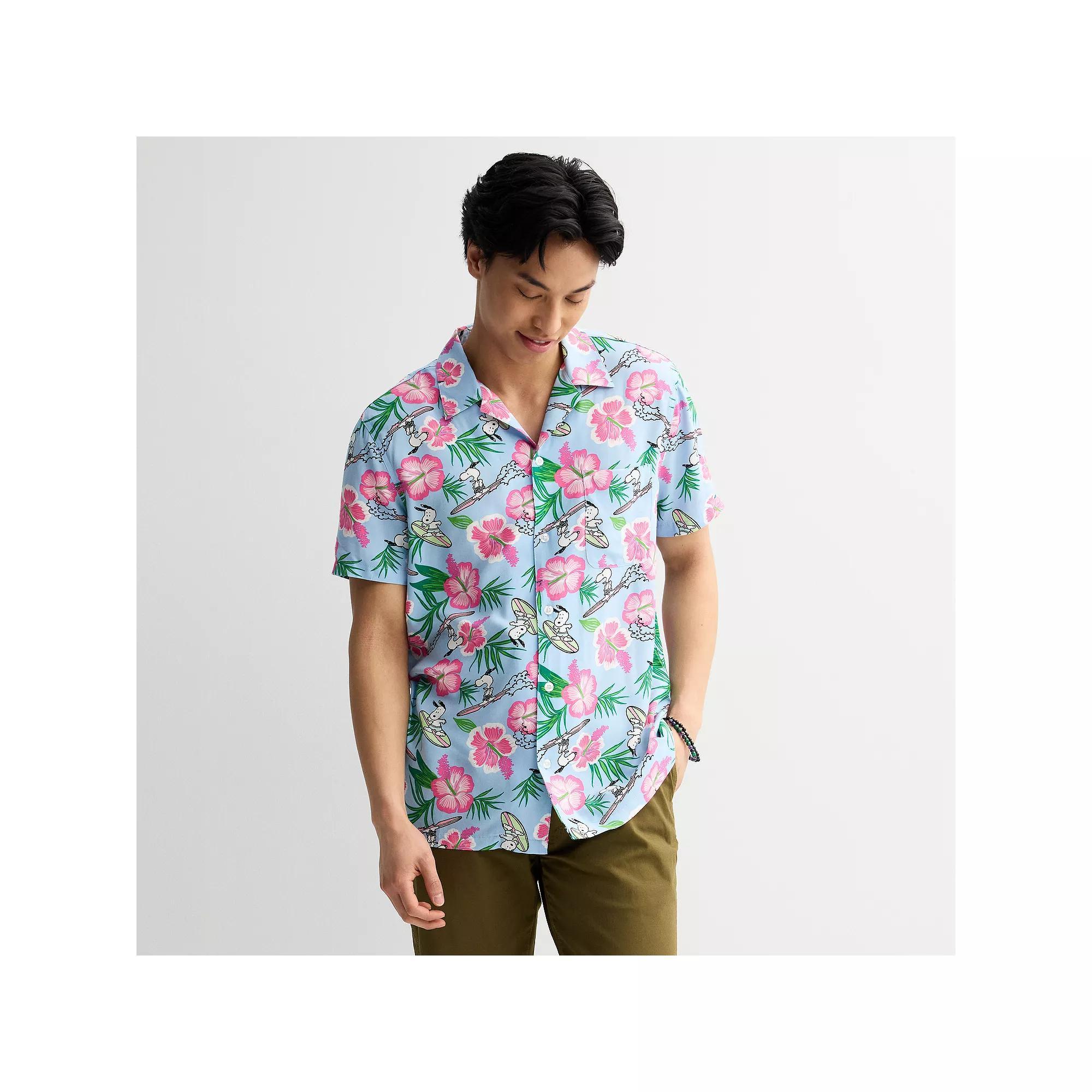 Men's Peanuts Snoopy Tropical Button Down Short Sleeve Shirt, Size: Large, Blue Product Image