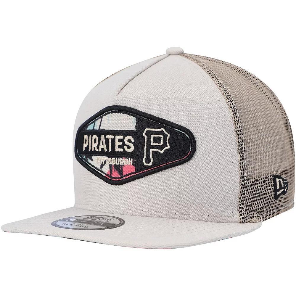 Men's New Era Natural Pittsburgh Pirates Retro Beachin' Patch A-Frame Trucker 9FIFTY Snapback Hat, Beige Product Image