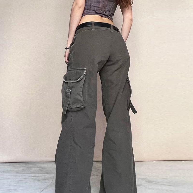 Low Rise Plain Wide Leg Cargo Pants Product Image