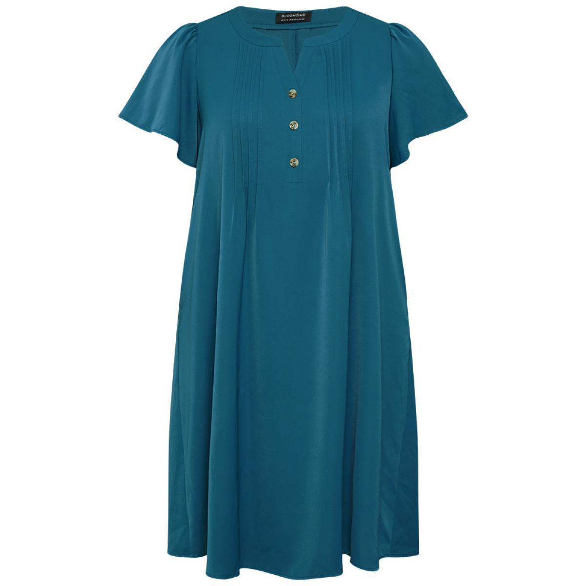 Plus Size Solid Pleated Front Button Detail Notched Ruffle Sleeve Dress Aegean Women Elegant Pleated Notched collar Short sleeve Curvy Knee Dress BloomChic 22-24/3X Product Image