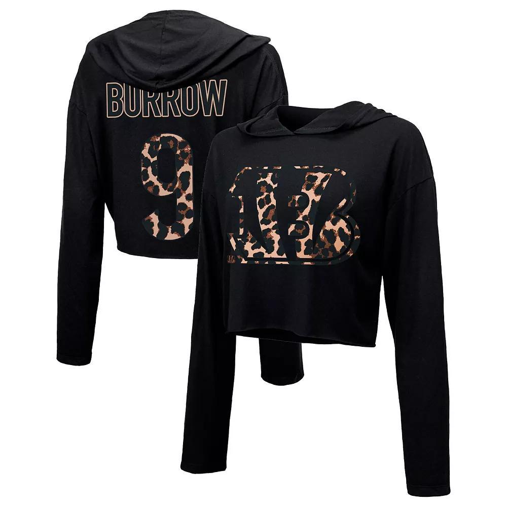Women's Majestic Threads Joe Burrow Black Cincinnati Bengals Leopard Player Name & Number Long Sleeve Cropped Hoodie,  Product Image