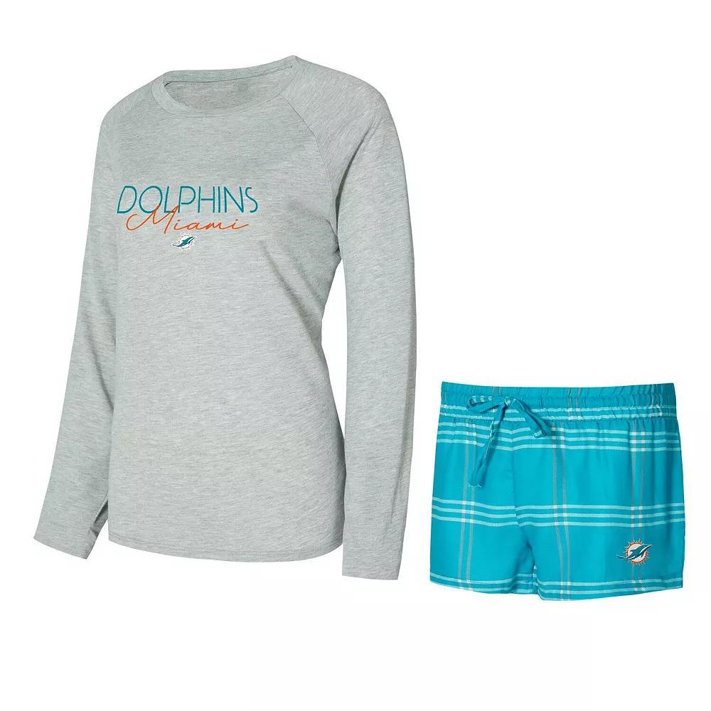Women's Concepts Sport Aqua/Gray Miami Dolphins Petition Raglan Long Sleeve T-Shirt and Shorts Set, Size: XL, Turquoise A Product Image