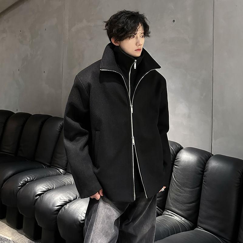 Long Sleeve Stand Collar Zip Up Wool Coat Product Image