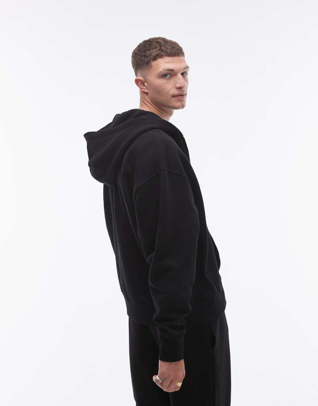 Topman oversized fit full zip hoodie in black Product Image