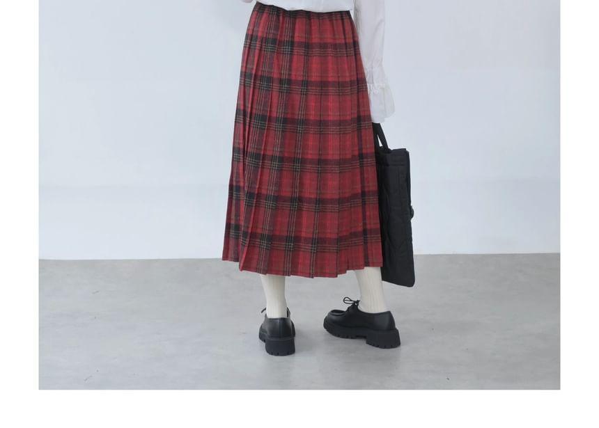 High Rise Plaid Pleated Midi A-Line Skirt (Various Designs) Product Image