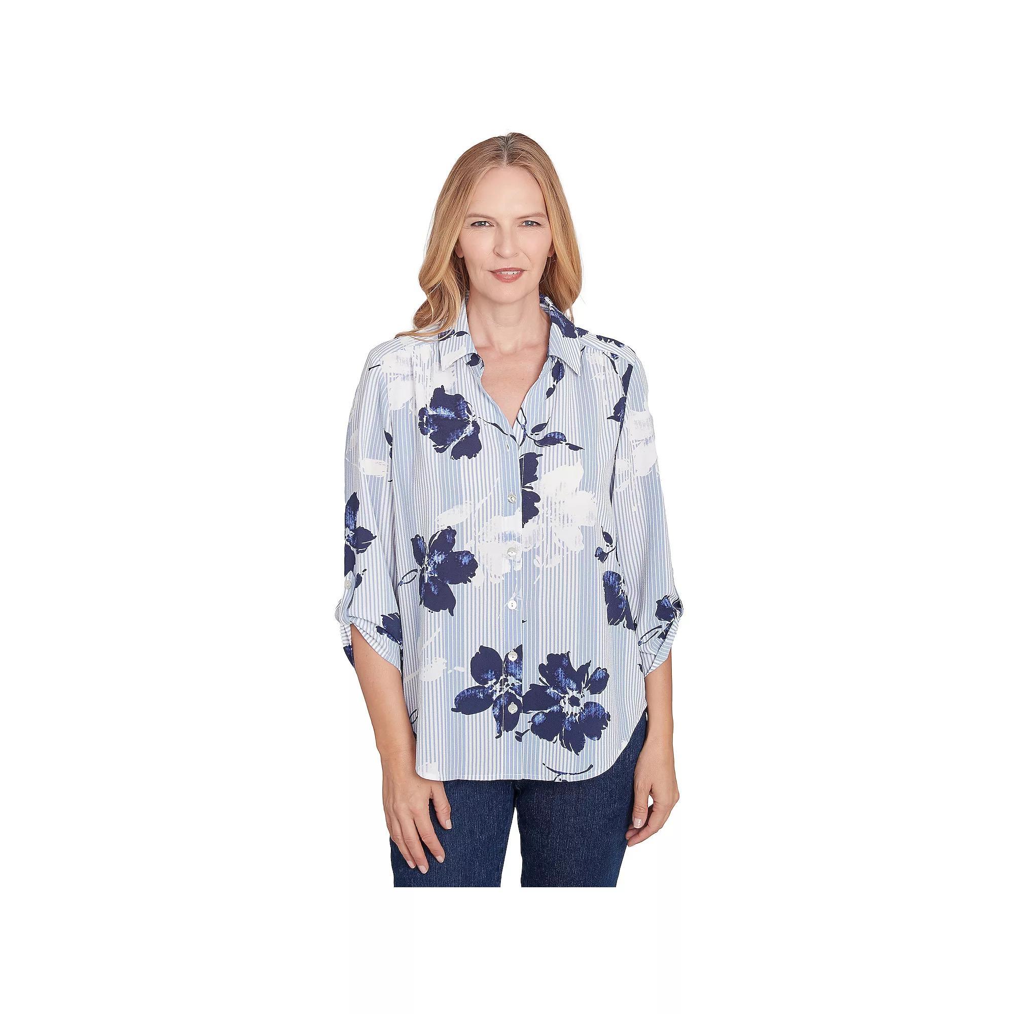 Women's Alfred Dunner Striped Flower Button Front Tie Sleeve Blouse, Size: Small, Blue Product Image