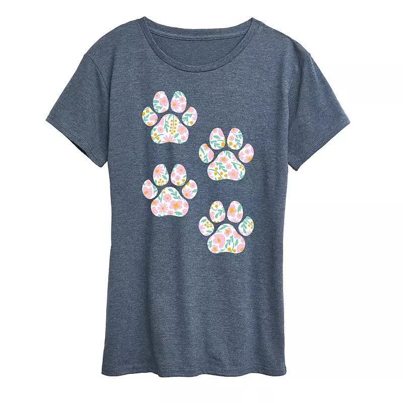 Women's Floral Dog Paw Prints Graphic Tee, Size: Large, Grey Blue Product Image