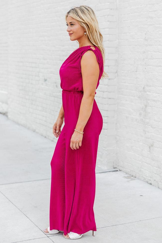 Believe Me Berry One Shoulder Plisse Jumpsuit FINAL SALE Product Image