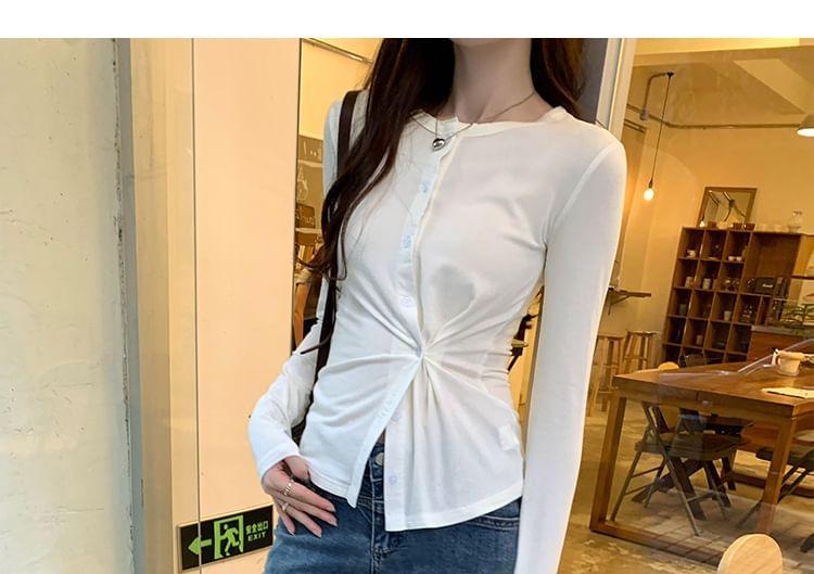 Long-Sleeve Button-Up Twisted Plain Top Product Image