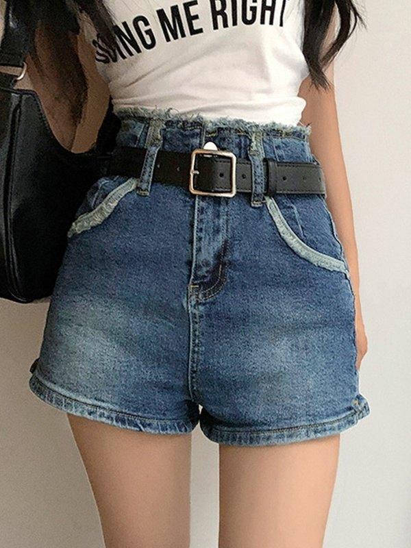 High Waist Frayed Denim Shorts Product Image