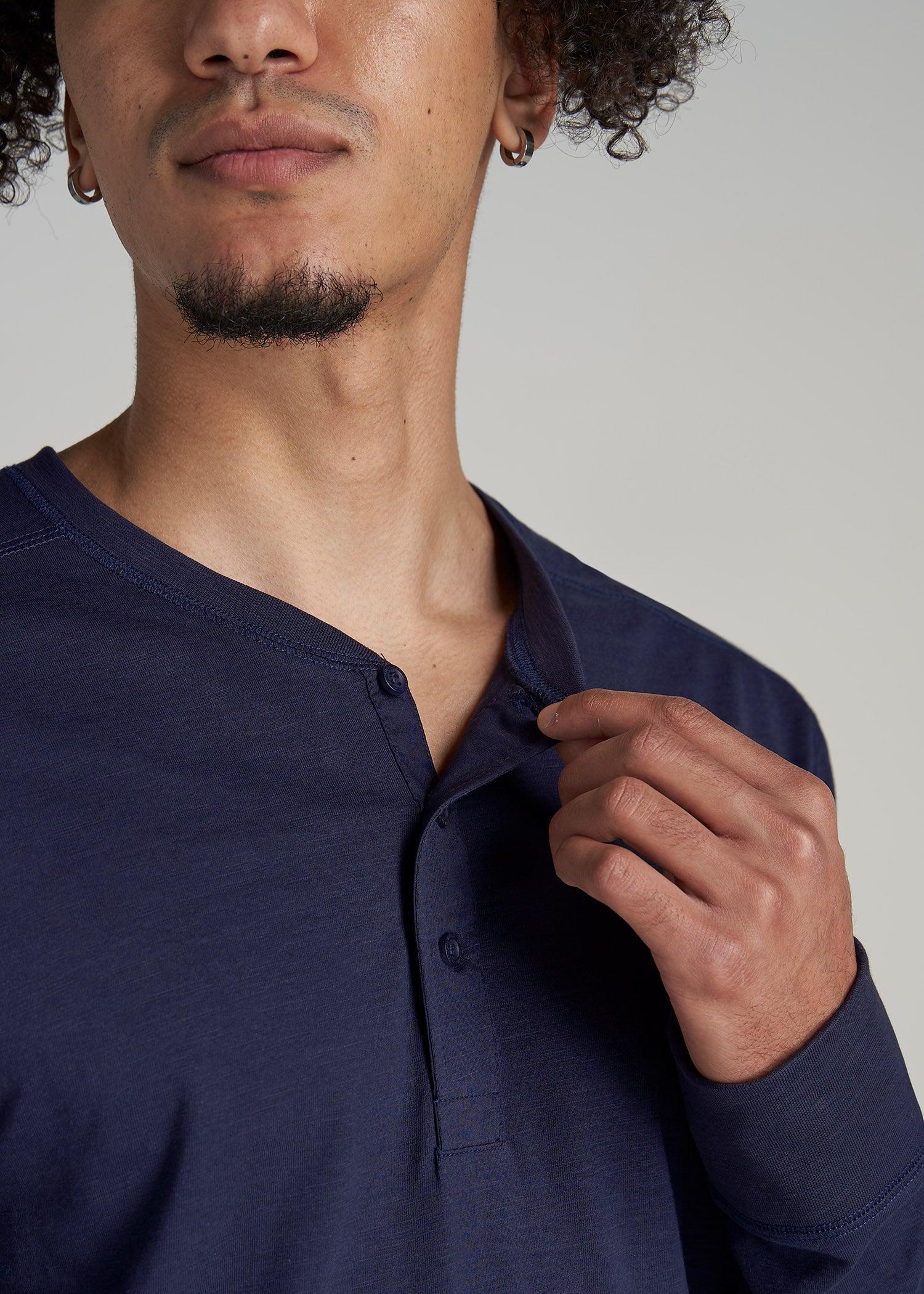 Three-Button Long Sleeve Slub Henley for Tall Men in Navy Male Product Image