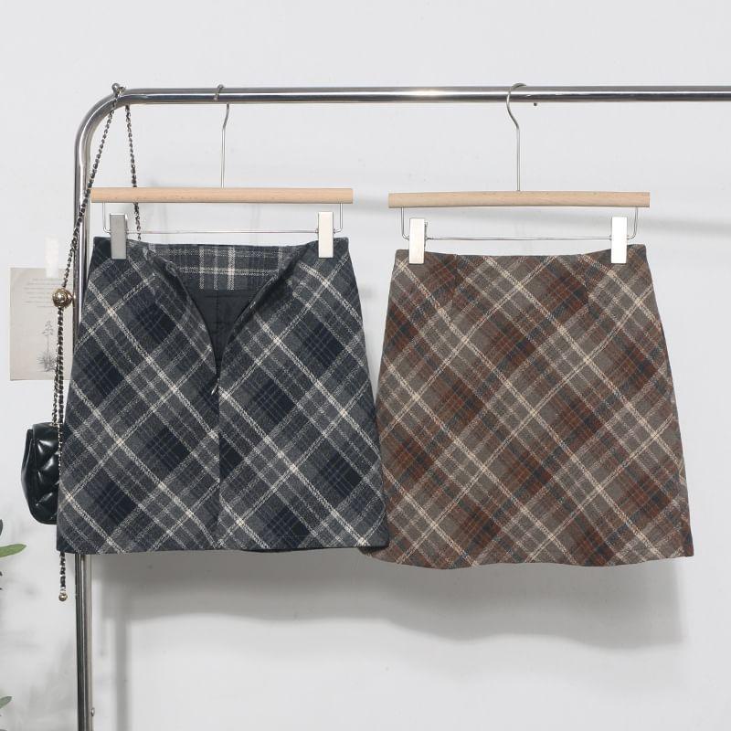 High Rise Plaid A-Line Mini Skirt Product Image