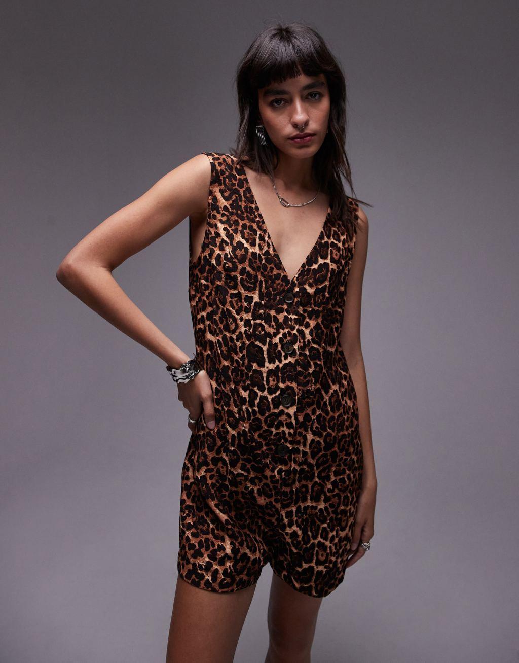 Topshop button down romper in leopard print Product Image