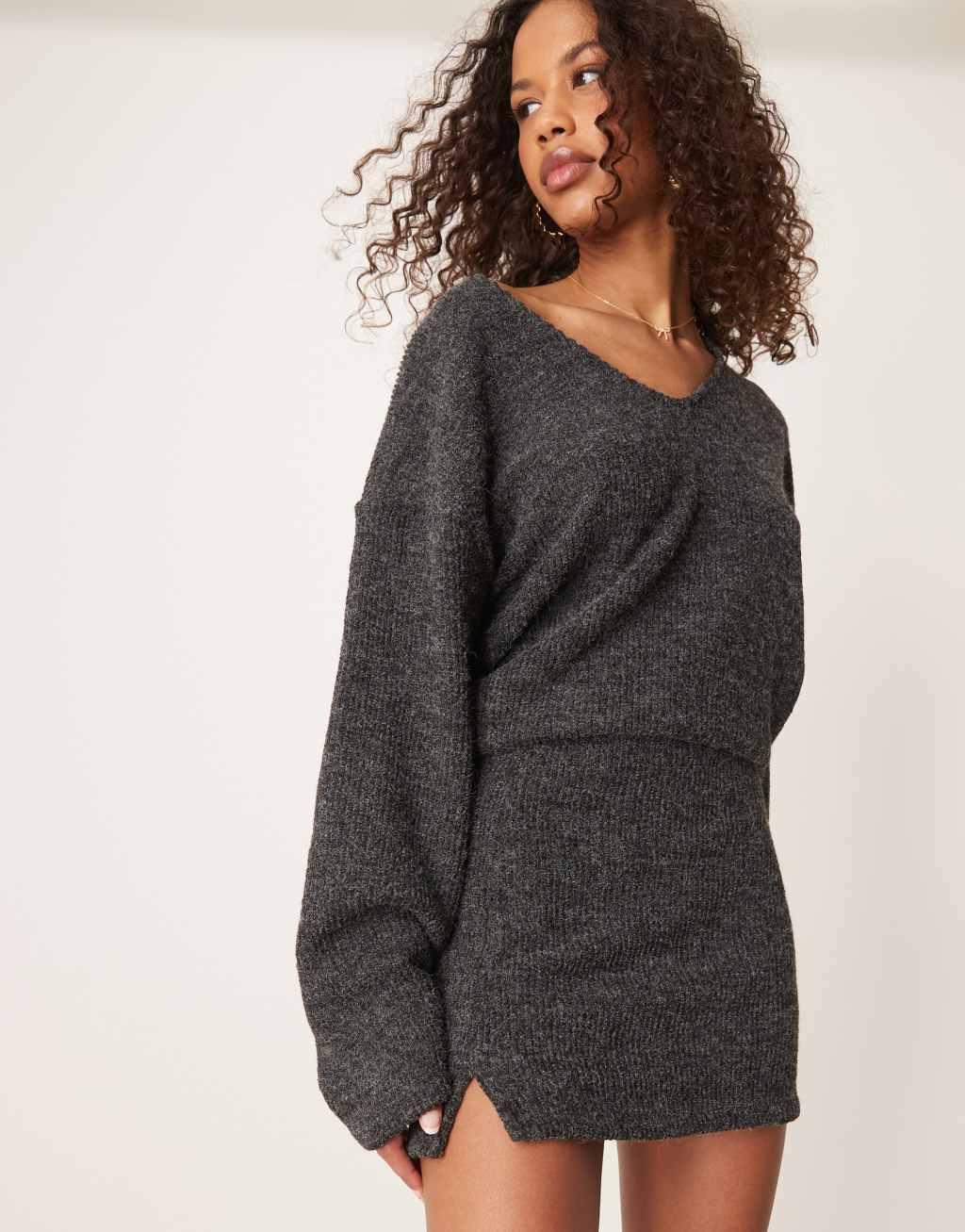 ASOS DESIGN fluffy boucle rib mini skirt in charcoal - part of a set Product Image