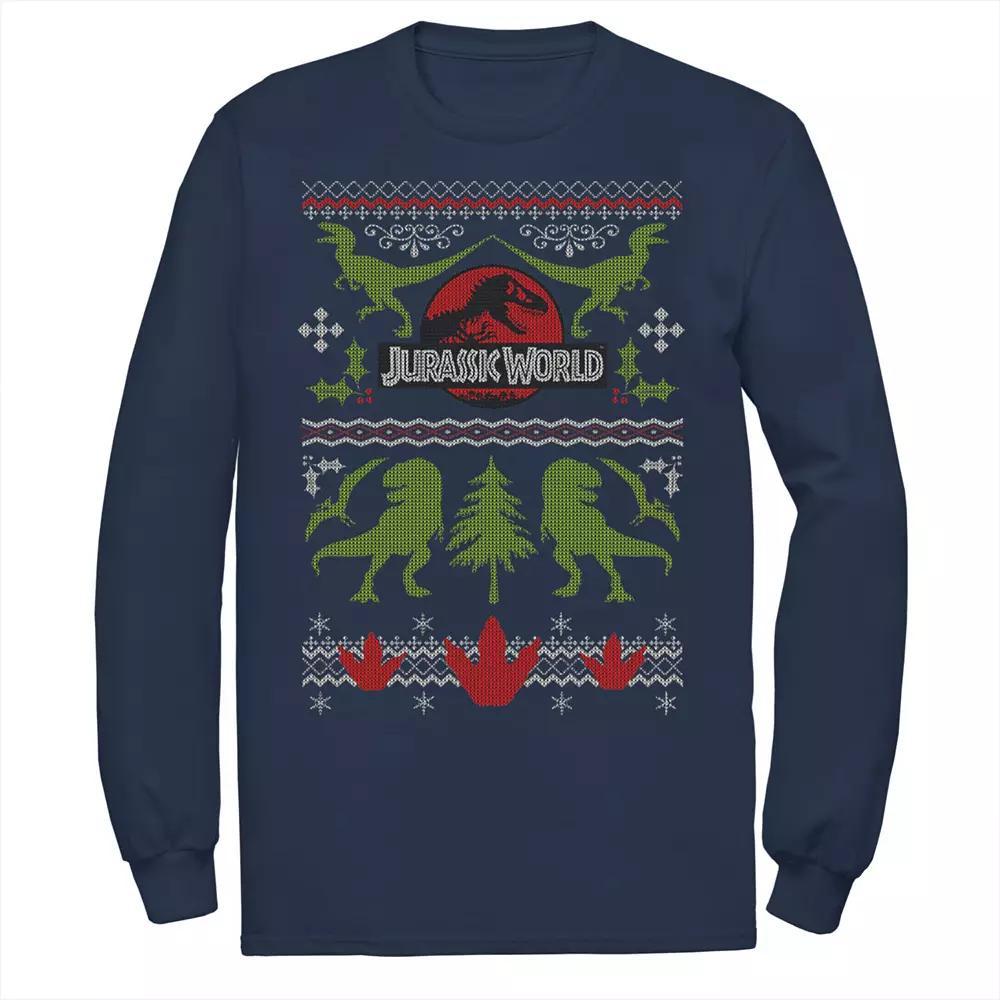 Men's Jurassic World Dinosaur Xmas Ugly Sweater Long Sleeve Graphic Tee,  Product Image