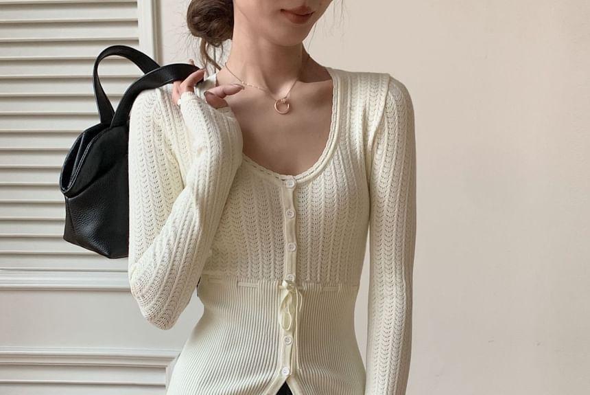 Long-Sleeve Scoop Neck Plain Button Pointelle Knit Top Product Image