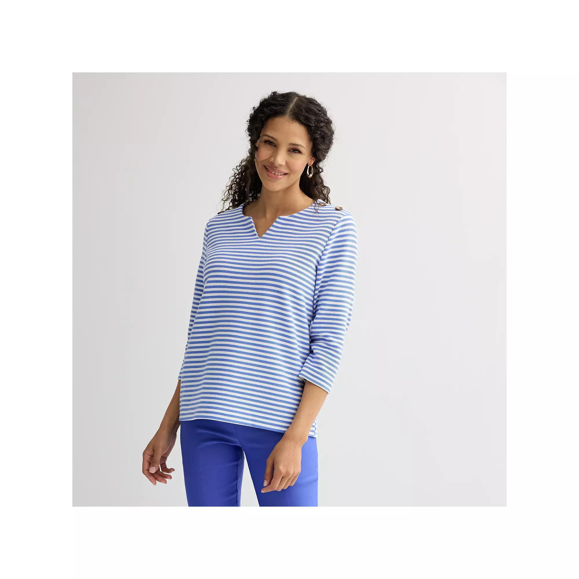 Women's Croft & Barrow® Button Shoulder Split Neck Top, Size: Large, Blue Stripe Product Image