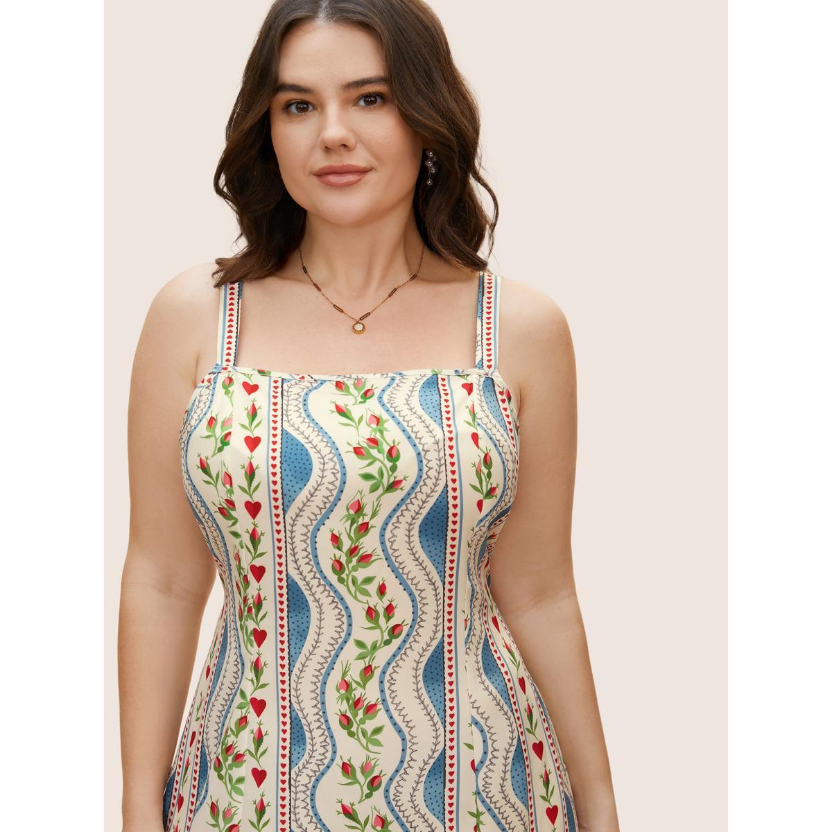 Plus Size Boho Print Split Front Cami Dress Skyblue Women Elegant Slit Non Sleeveless Curvy BloomChic 28/5X Product Image