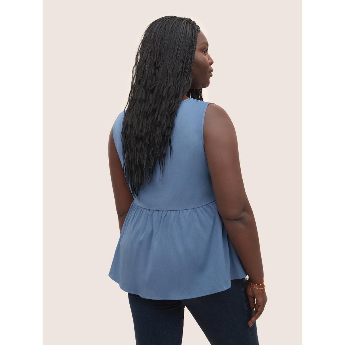 Plus Size Solid Lace Patchwork Gathered Tank Top Women Stone Elegant Button V-neck Everyday Tank Tops Camis BloomChic 12/L Product Image