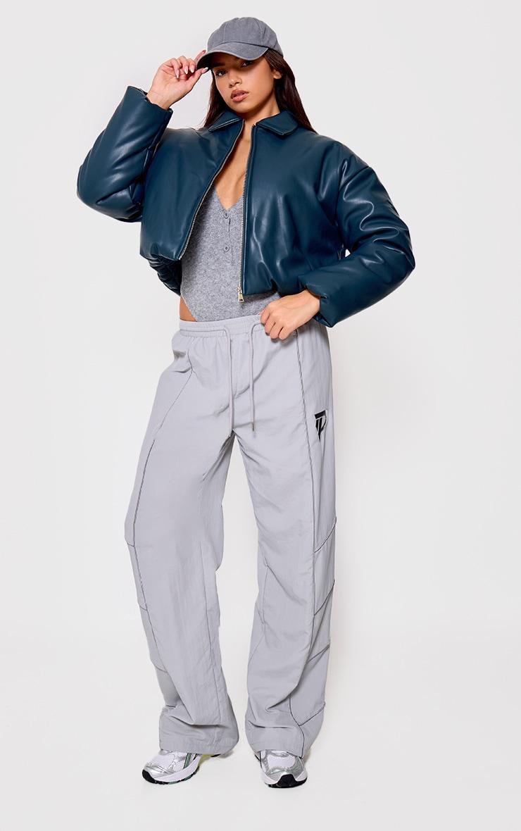 Teal Faux Leather Collar Detail Puffer Jacket Product Image