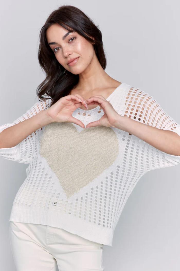 Fishnet V-Neck Sweater with Gold Heart Product Image