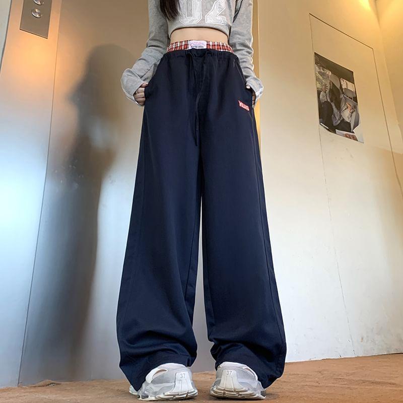 High Rise Plaid Panel Wide Leg Sweatpants Product Image