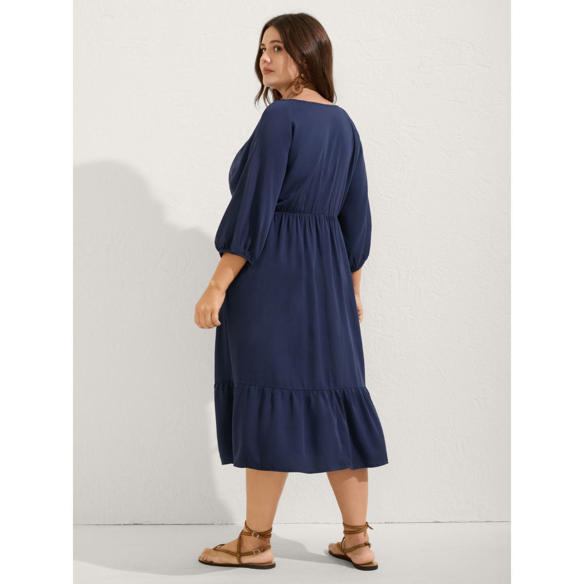 Plus Size Floral Embroidery Pockets Midi Dress DarkBlue Women Boho Notched collar Elbow-length sleeve Curvy BloomChic 14-16/1X Product Image